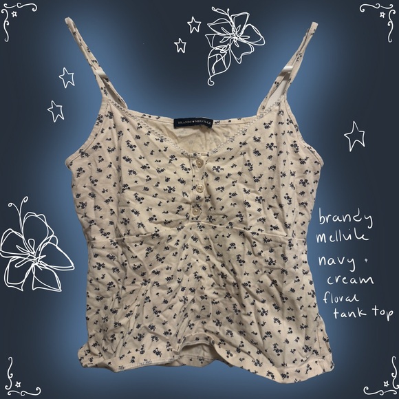 brandy mellvile cream tank top with navy floral pattern - Picture 1 of 1